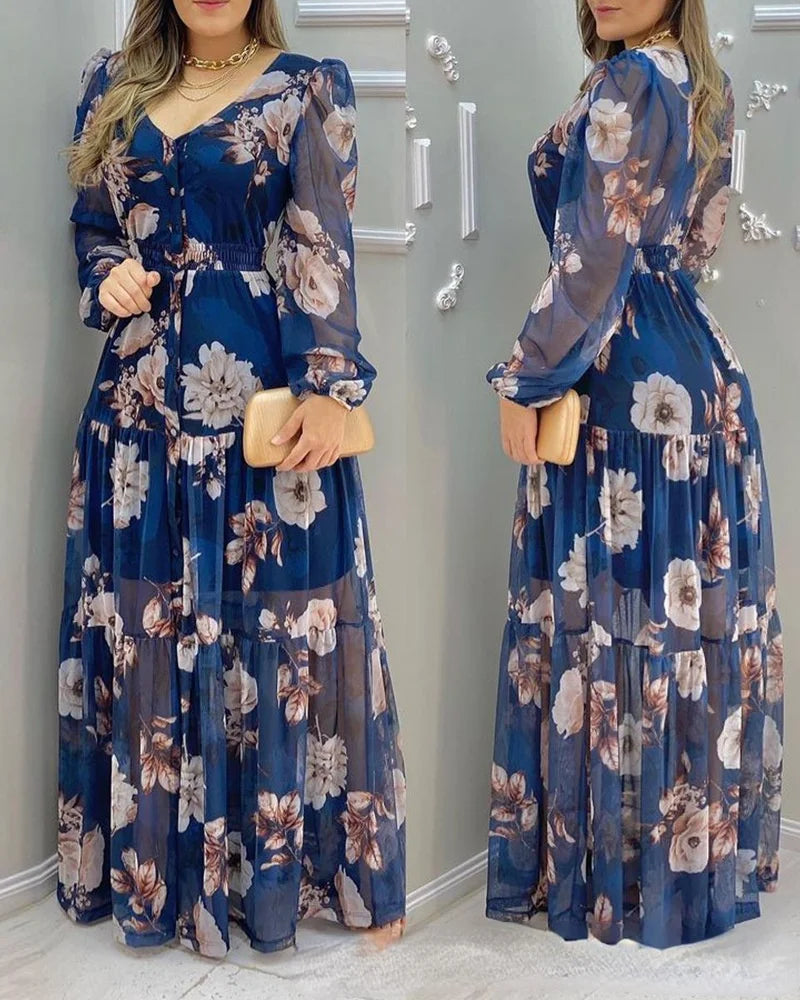 Women's 2021 New Summer Blue Printed Chiffon Dress-With Lining