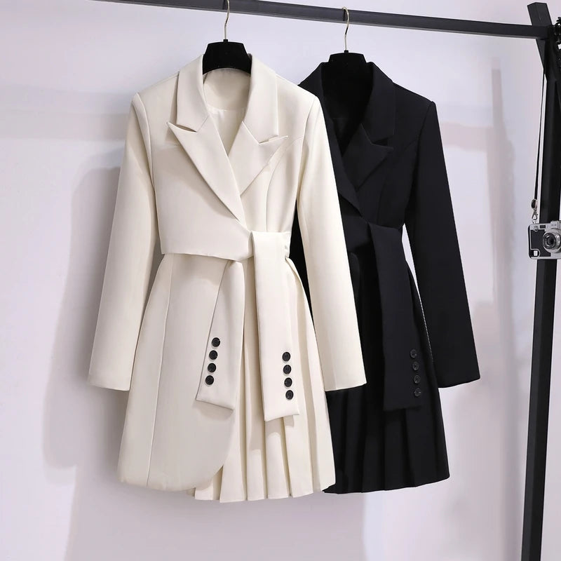 Elegant Long Blazer Pleated Women Notched Long Sleeve Tunic Sashes Solid Slim Loose Blazers Female Fashion New Spring Autumn