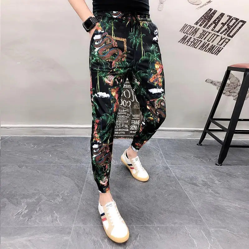 2023 Summer Fashion Personality Trendy Men's High Waist Lace Up Printed Pocket Slim Fit Versatile Social Guy Trendy Feet Pants