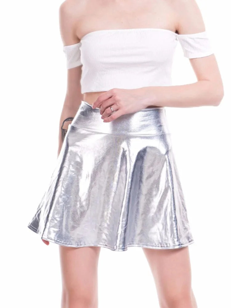 CUHAKCI Summer Pleated Skirts Women Short Sexy Elastic High Waist Solid Casual Green Silver Gold Pink Mini Party Clubwear