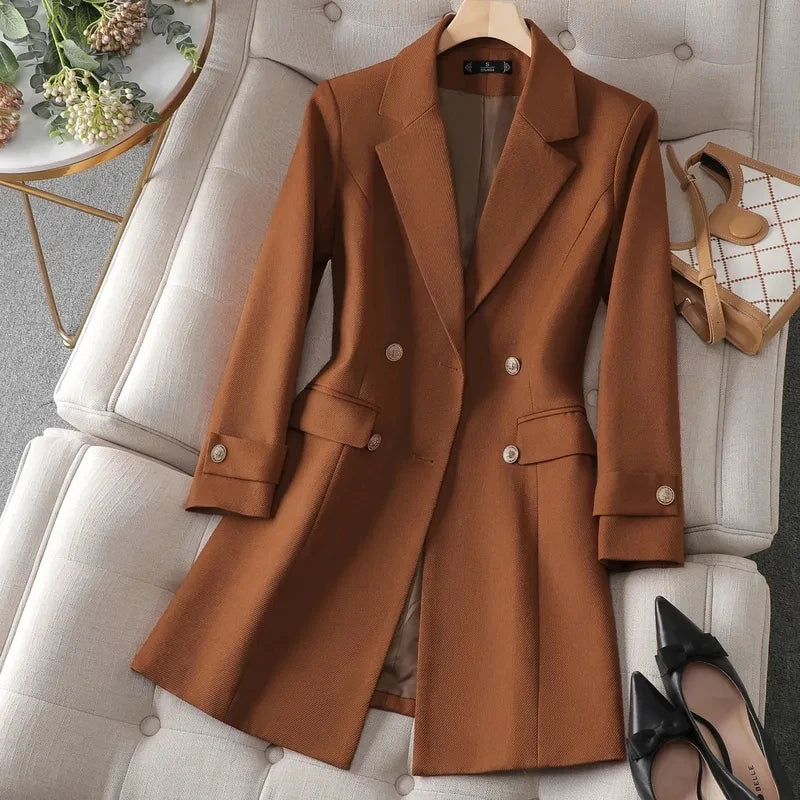 Autumn Winter Jacket Women Long Blazer Khaki Coffee Black Office Ladies Formal Jacket Business Work Wear Coat Female Outerwear