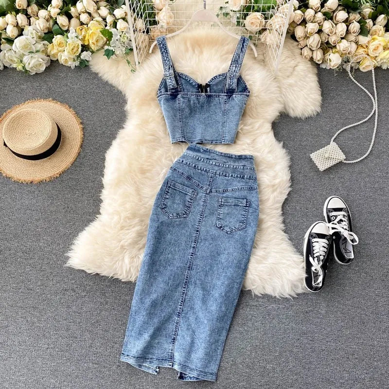 2024 Summer Women Skirt Two Piece Set Sexy V-Neck Ctopped Denim Vest High Waist Denim Skirts Korean Ladies Sleeveless Suits