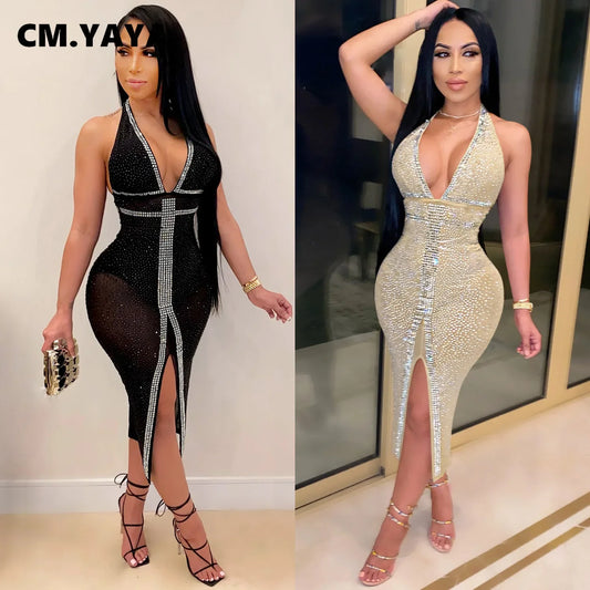 CM.YAYA Autumn Winter Women Dress Sexy Streetwear Strap Sleeveless Strapless Sequined Bandage Bodycon Night Club Dresses