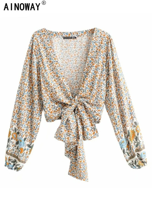 Vintage Chic Fashion Women Floral Print Rayon Bohemian Blouse Ladies Loose Crop Top Long Sleeve Boho Shirts Kimono Cover-ups