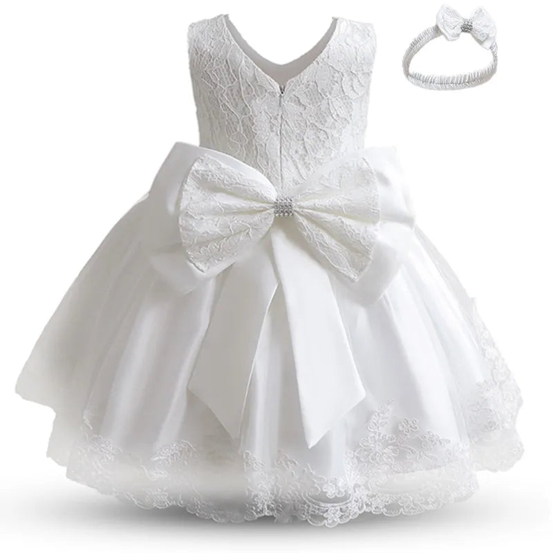 2023 Infant Baby Girls Flower Dresses Christening Gowns Newborn Babies Baptism Clothes Princess Tutu Birthday White Bow Dress