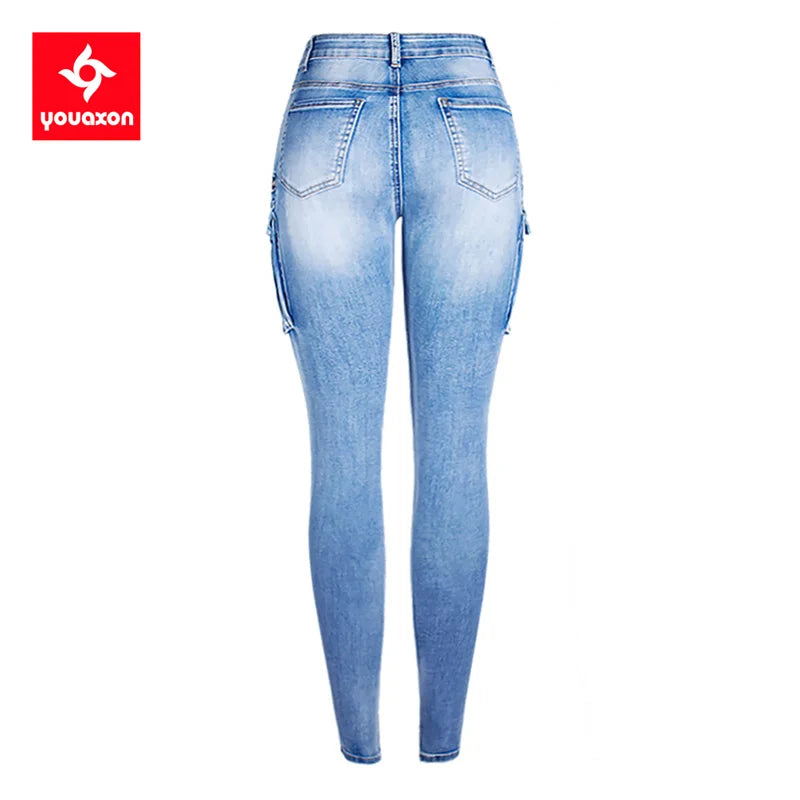 2237 Youaxon New Classic Multiple Pockets  Jeans Women`s Ultra Stretchy Denim Cargo Pants Trousers Jeans For Women