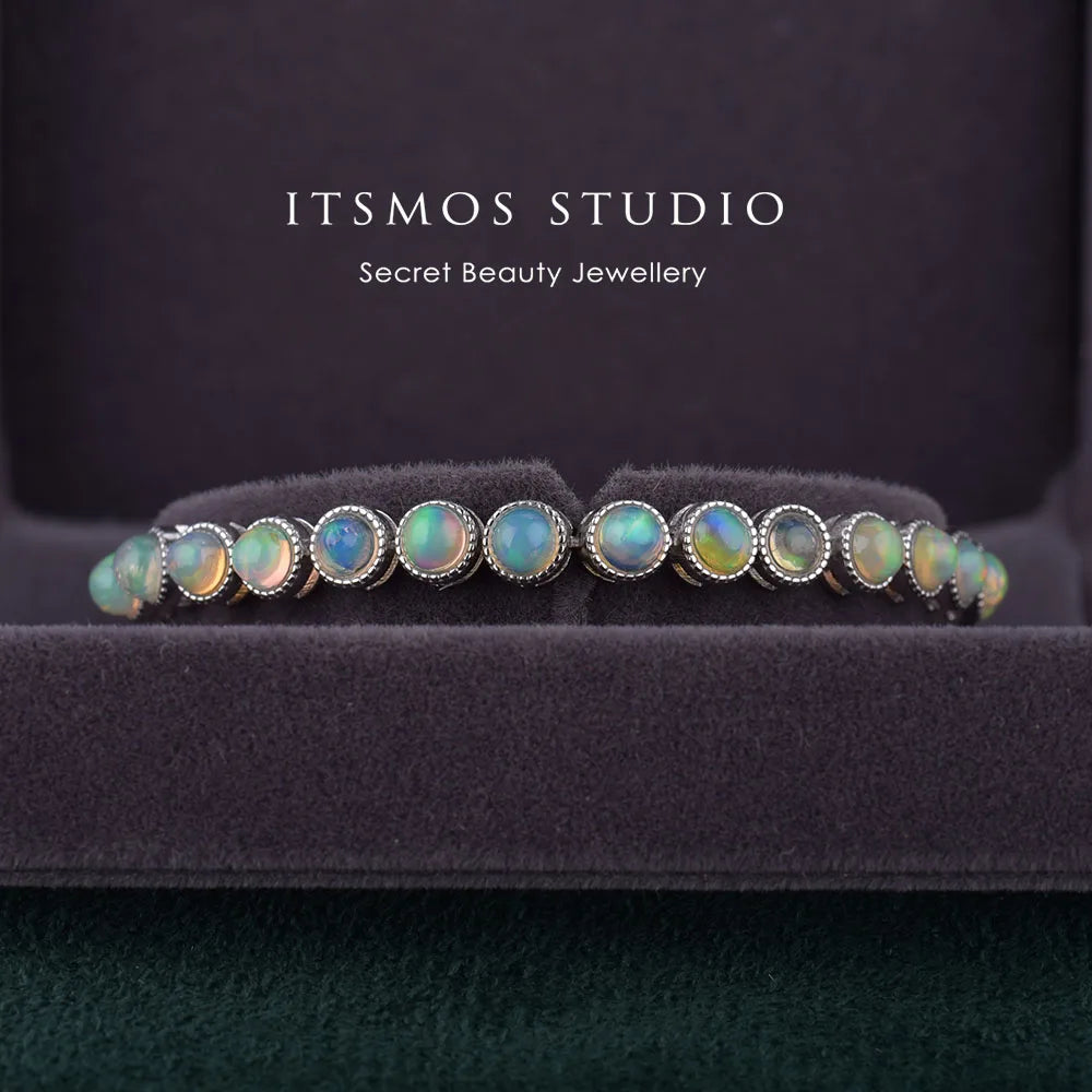 ITSMOS Natural Blue Green Opal Silver Bracelet s925 Sterling Silver Pendant Round Bangle Classic Jewelry for Women Special Gift