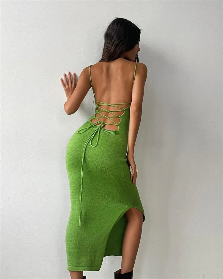 Cryptographic Sexy Backless Bandage Knitted Dress Elegant Outfits for Women Sleeveless Club Party Birthday Slip Dresses Clothes