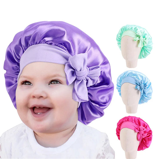 Solid Satin Silk Bonnet with Band Tie Baby Sleep Cap Bowknot Kids Baby Night Sleep Cap Beanies Girl Makeup Cap Children Nightcap