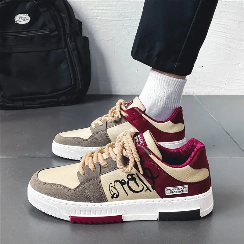 Flat Men Casual Shoes Printing Pattern Man Sneaker Vulcanized Tennis Shoes Student White Shoes New Weaving Lace-up Mens Trainers