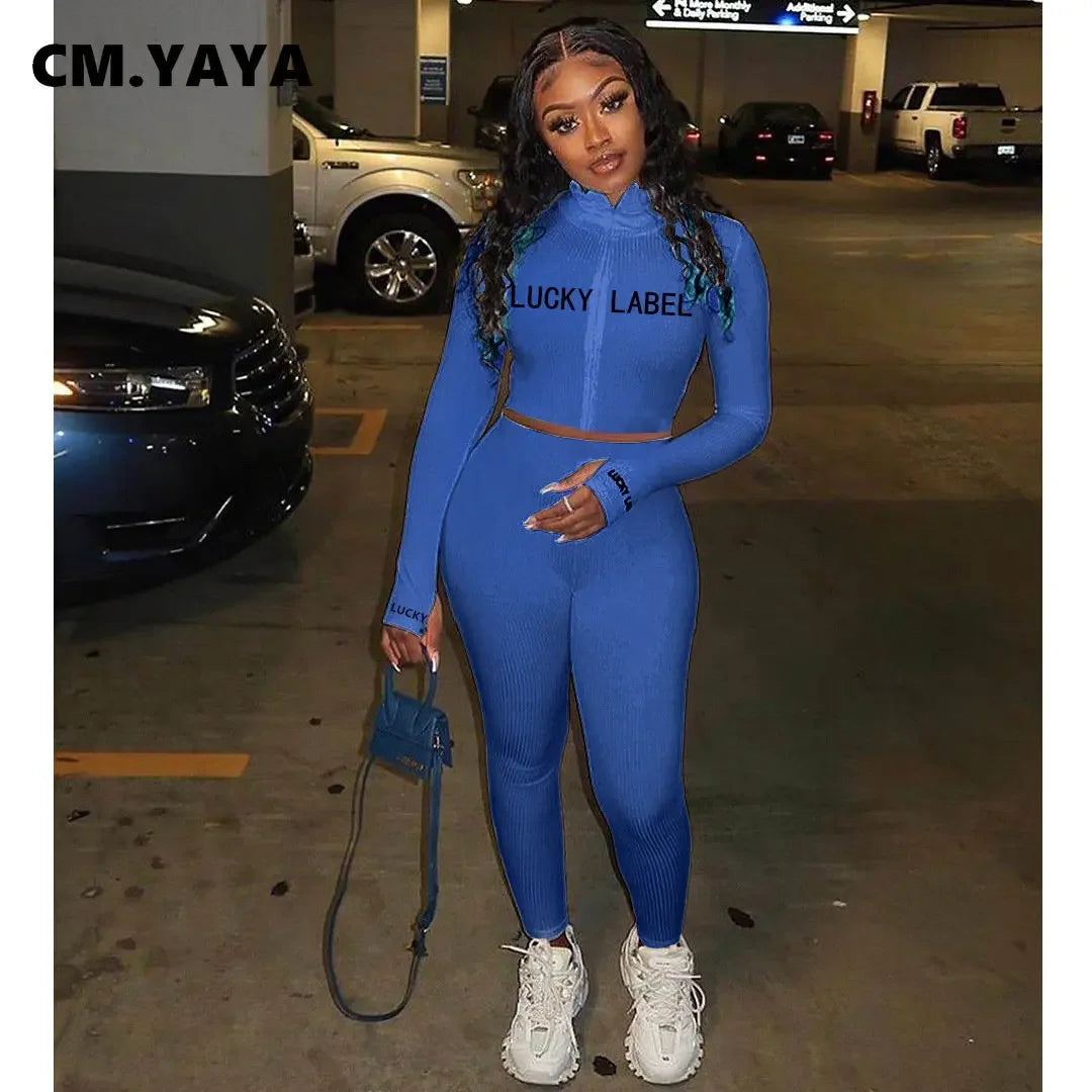 CM.YAYA Active Lucky Label Embroidery Knitted Women Set Zipper Tops Legging Pant Set Tracksuit Outfit Matching Two 2 Piece Set