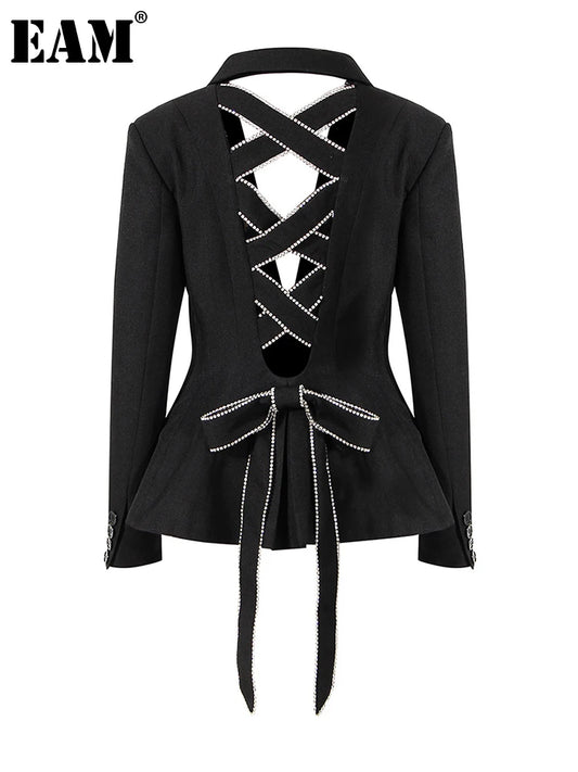 [EAM]  Women Black Bow Hollow Out Rhinestones Blazer New Lapel Long Sleeve Loose Fit Jacket Fashion Spring Autumn 2024 1DE6215