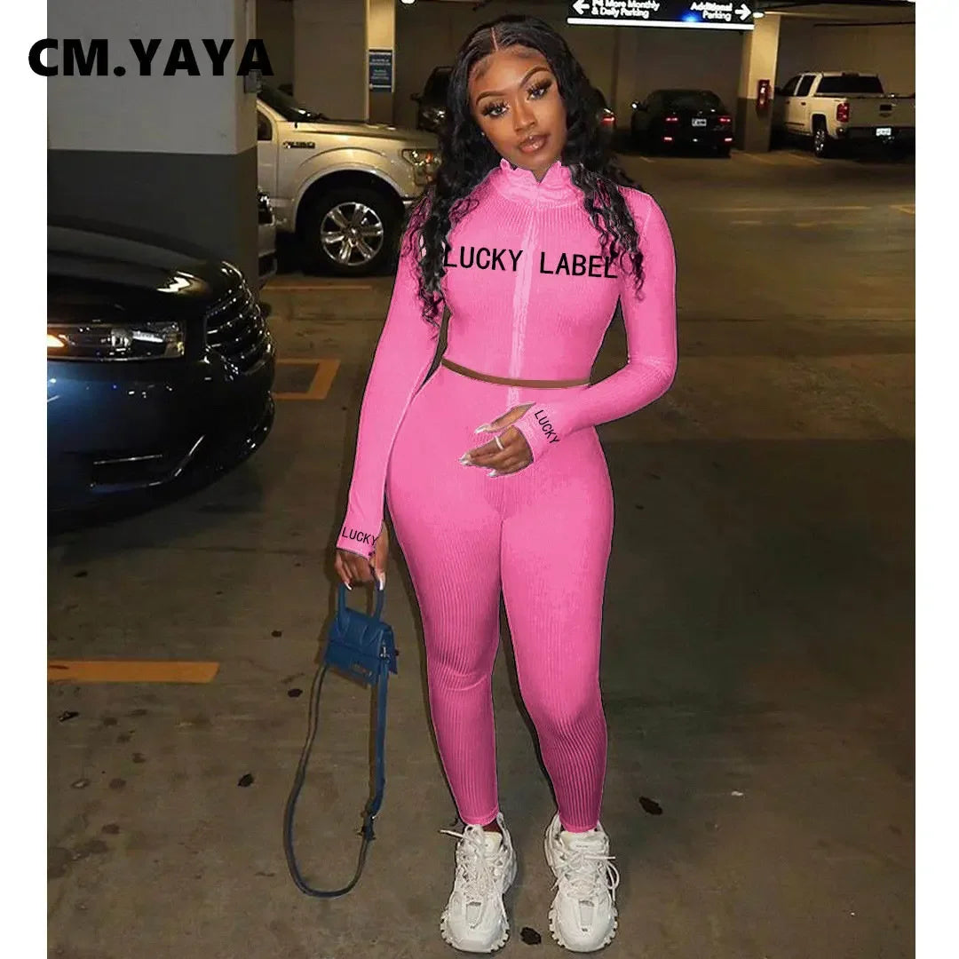 CM.YAYA Active Lucky Label Embroidery Knitted Women Set Zipper Tops Legging Pant Set Tracksuit Outfit Matching Two 2 Piece Set