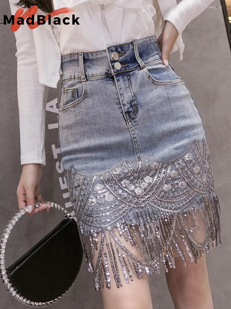 Summer Korean Sexy Women Denim Mini Skirts High Waist Blue Package Hip Jeans Fashion Beading Tassel SKirt New Hot 2022 B05601