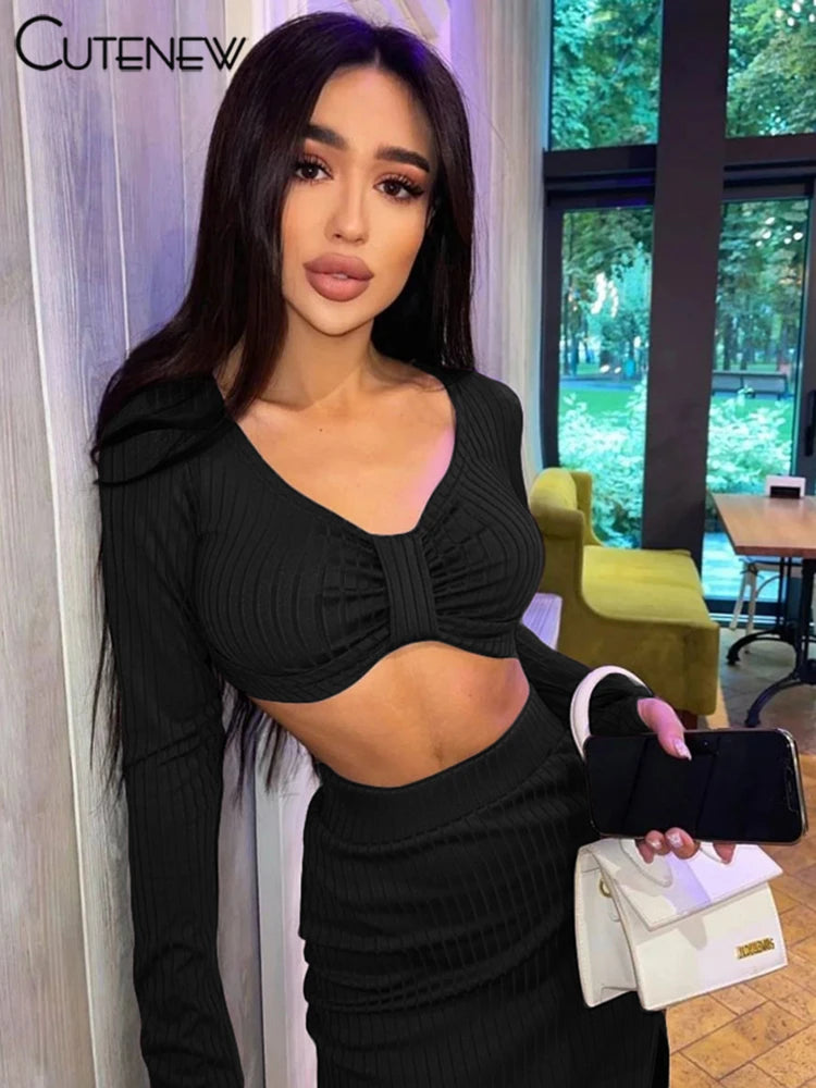 Cutenew Elegant Solid Black 2 Pieces Set Women Outfit Long Sleeves Crop Top+High Waist Side Slit Skirts Matching Lady Streetwear