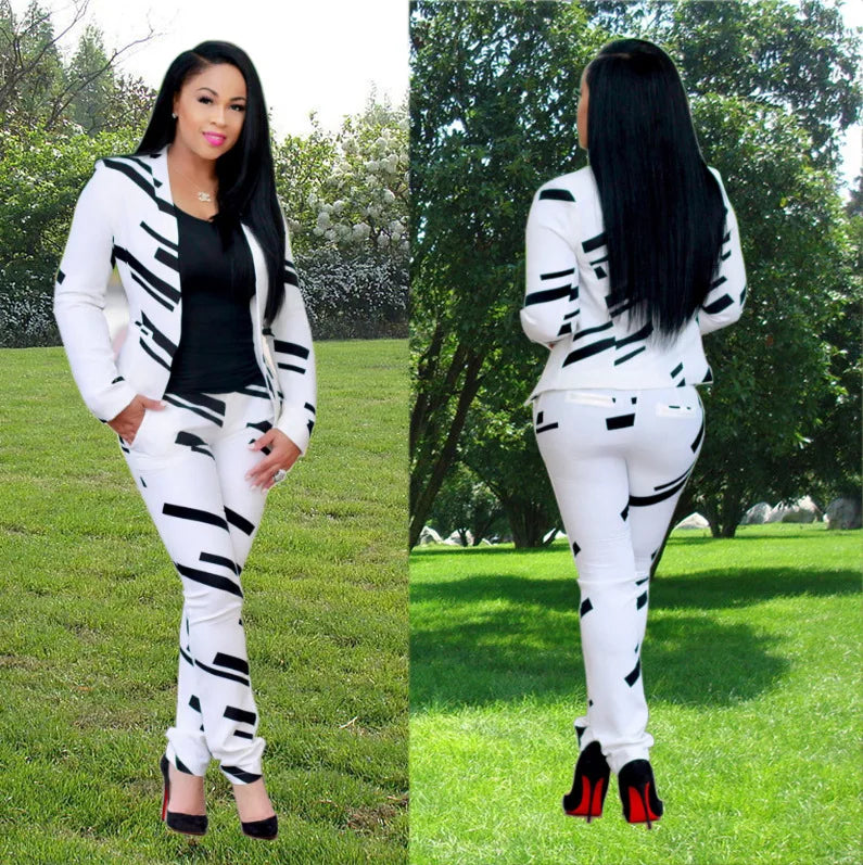 Women 's Fashion Black & White Striped Print Shoulder Jacket + Pants Two - piece Set