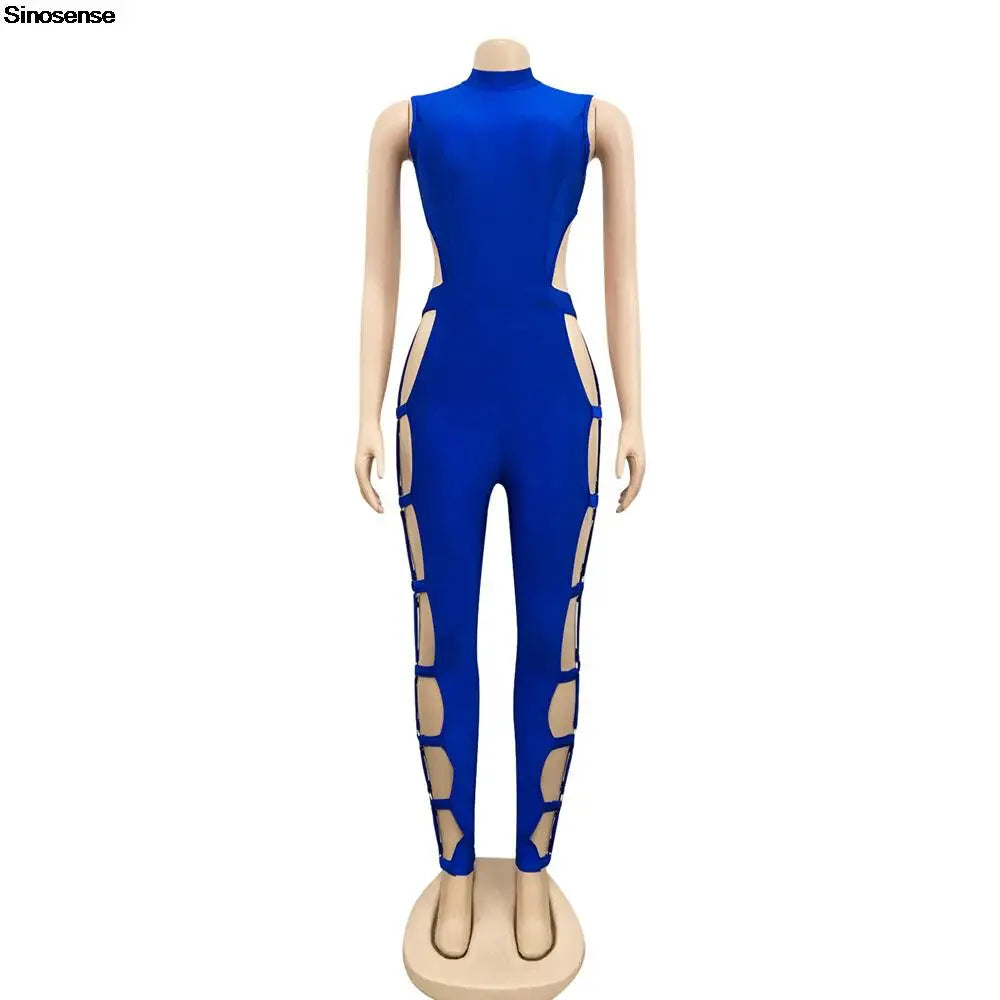 Sexy Hollow Out Cut Out Bodycon Jumpsuits Women Backless Zipper One Piece Outfits Stretchy Night Club Party Long Rompers