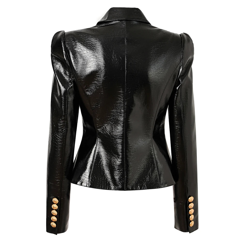 2024 Latest Design Soomth Pu Leather Black Quality Blazer Double Breasted Buttons Women Fashion Jackets