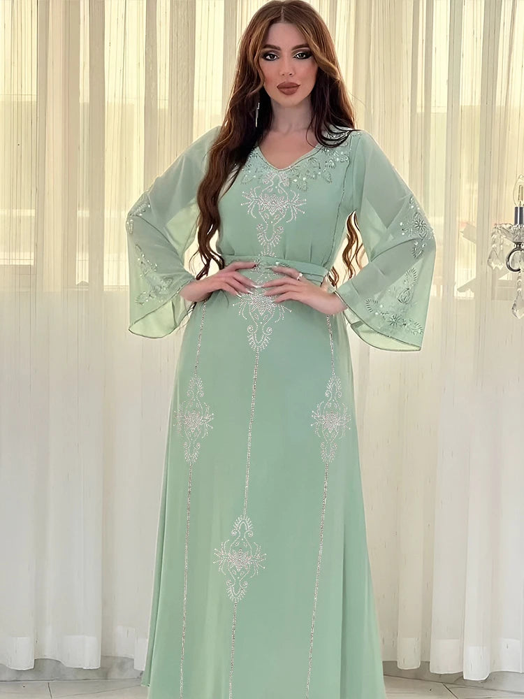 Eid Jalabiya Muslim Abaya Party Dress for Women Arab Diamond Lace-up Abayas Long Dresses Robe Woman Elegant Ramadan Vestidos