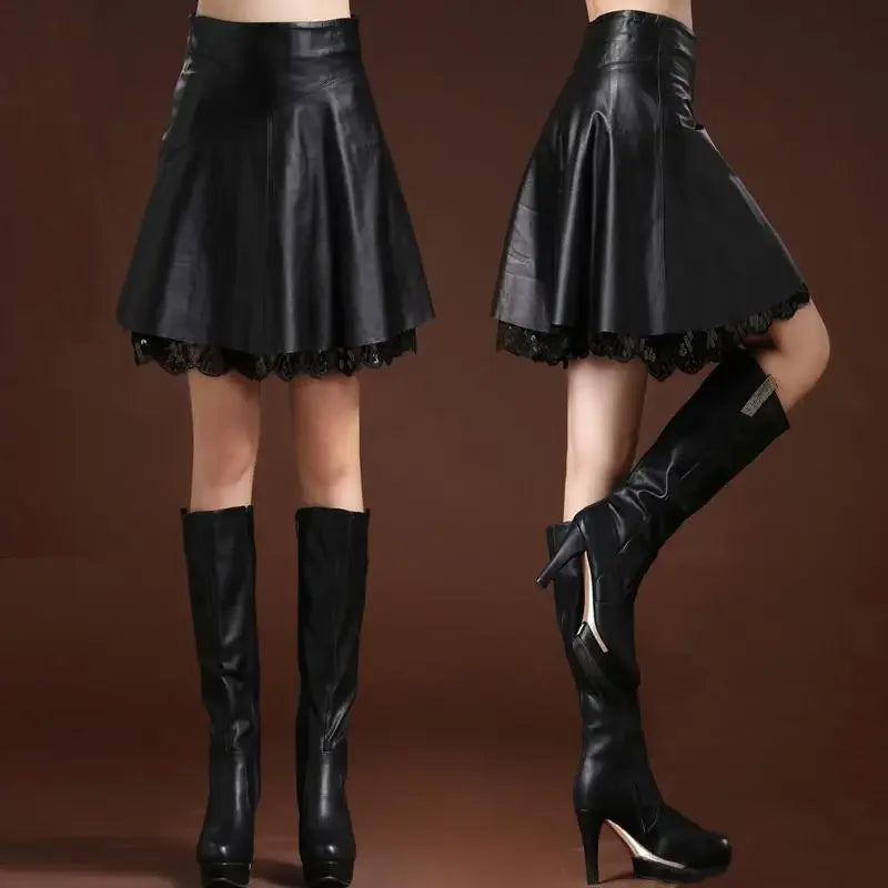 Women's Autumn and Winter Leather Skirt A- Line Skirt High Waist Oversized Pleated Skirt Woman Skirts Faldas Jupe