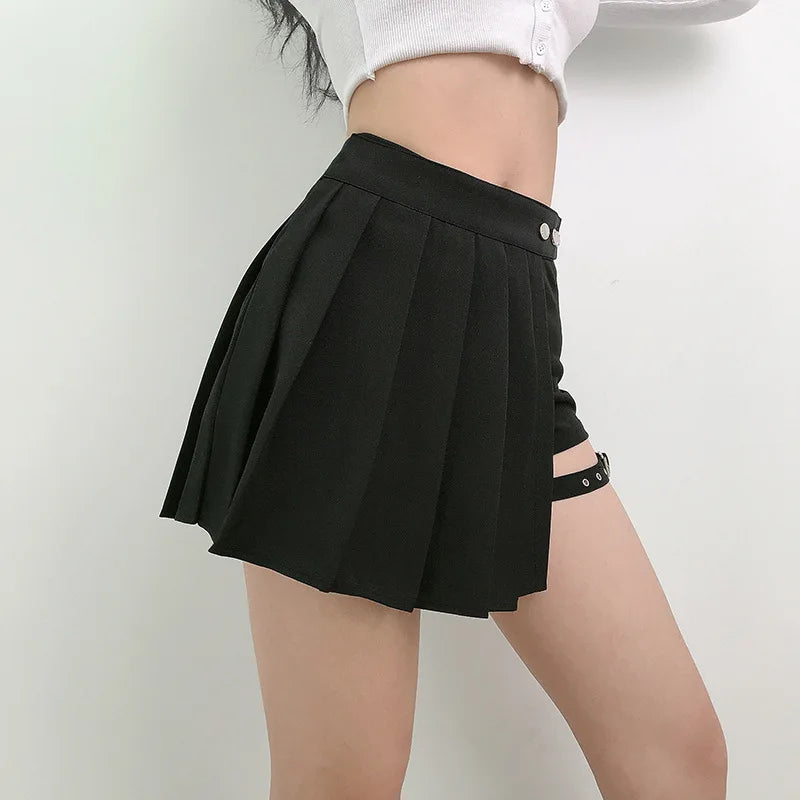 Summer Harajuku Punk Style Plaid Irregular Skirts Women Asymmetrical High Waist Black Skirts Pleated Girls Gothic Half Skirts