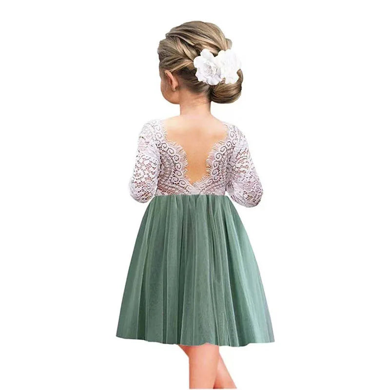 Toddler Girl Ruffles Bridesmaid Dress for Kids Lace Open Back Long Sleeve Tutus Flowers Girls Wedding Costume Clothing