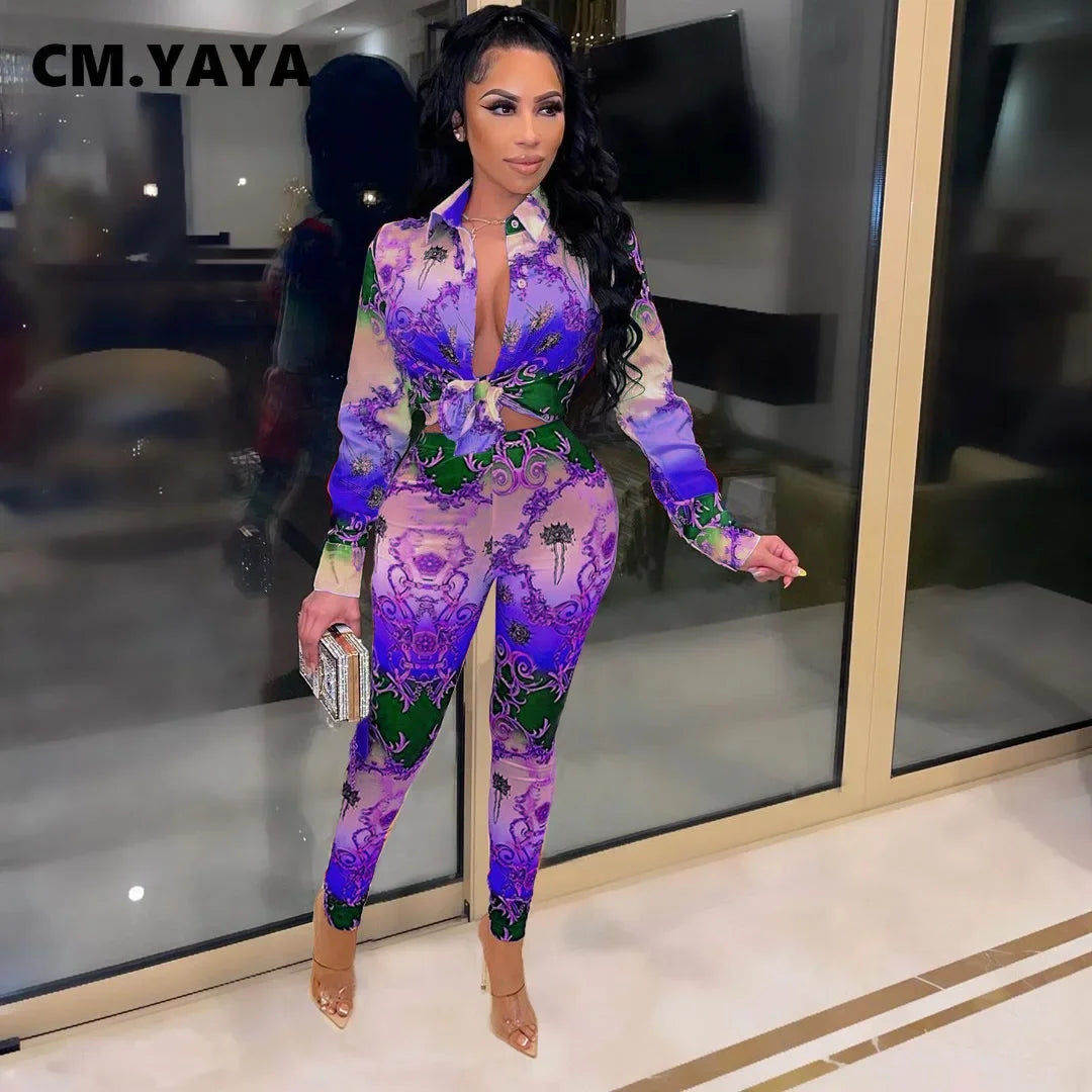 CM.YAYA Women Paisley Two 2 Piece Set Outfits Elegant INS Blouses Shirt Tops and Legging Pants Matching Set Vintage Tracksuit