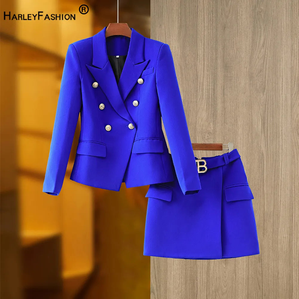 HarleyFashion Gorgeous Design Women 2PCS Blazer Suits Solid Color Summer Blue Skirt Twin Sets Mini Street Clothing for Lady