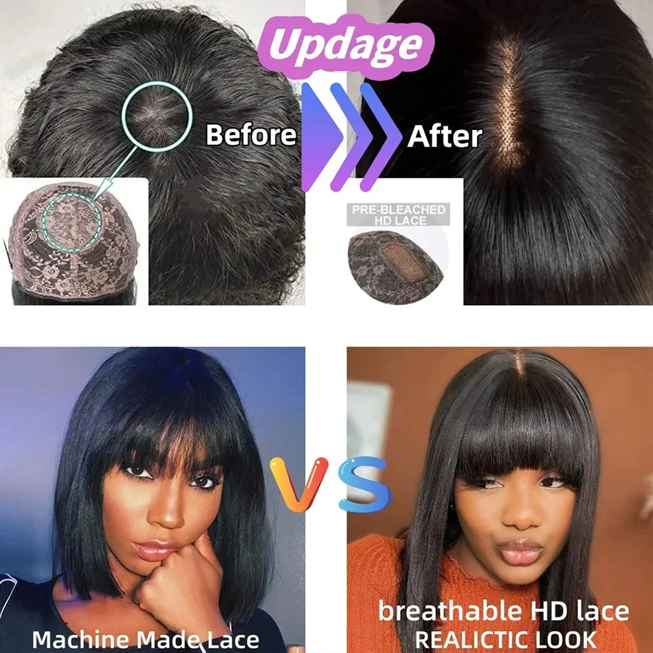 Wiggogo 3X1 Middle Part Lace Wig Short Bob Wigs Glueless Wig Human Hair Ready To Wear And Go Straight Human Hair Wigs With Bangs