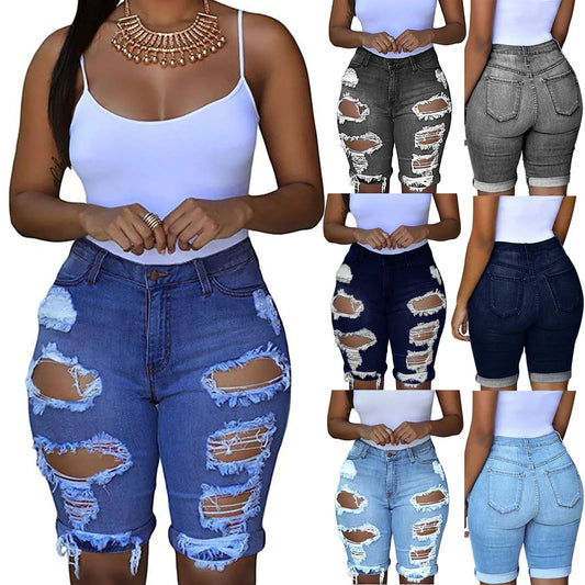 Women Ripped Trousers Denim Retro High Waisted Shorts American Street Tassels Straight Tube Old Vintage Short Pants Plus Size