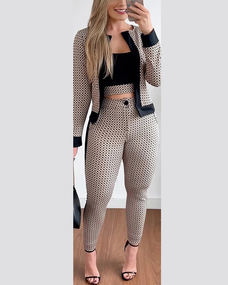 Sets Outifits Women 2024 Spring Autumn 3 Piece Set Plaid Print Crop Top & Pants Set With Coat Fashion Casual Elegant Female Set