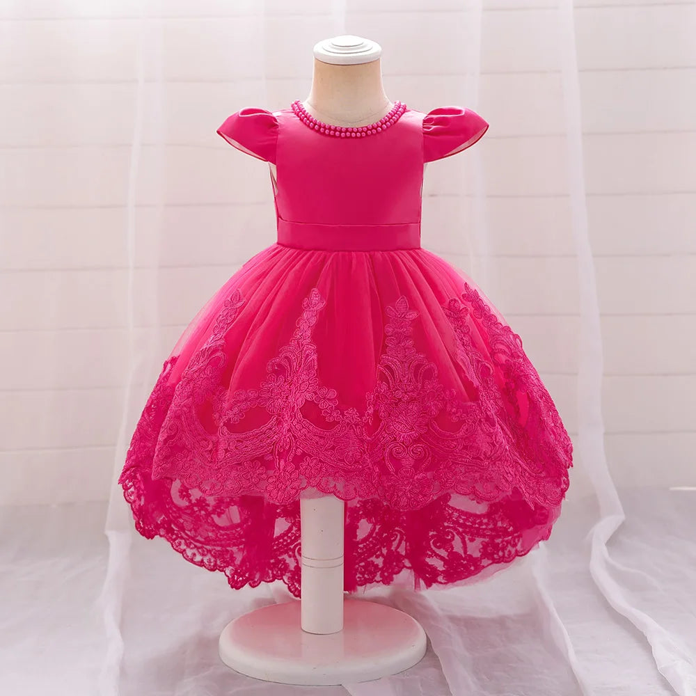 Toddler Bow Baby Dress For Girls Beading Tulle Princess 1st Birthday Embroidery Kids Party Dresses for Girl Pink Baptism Costume