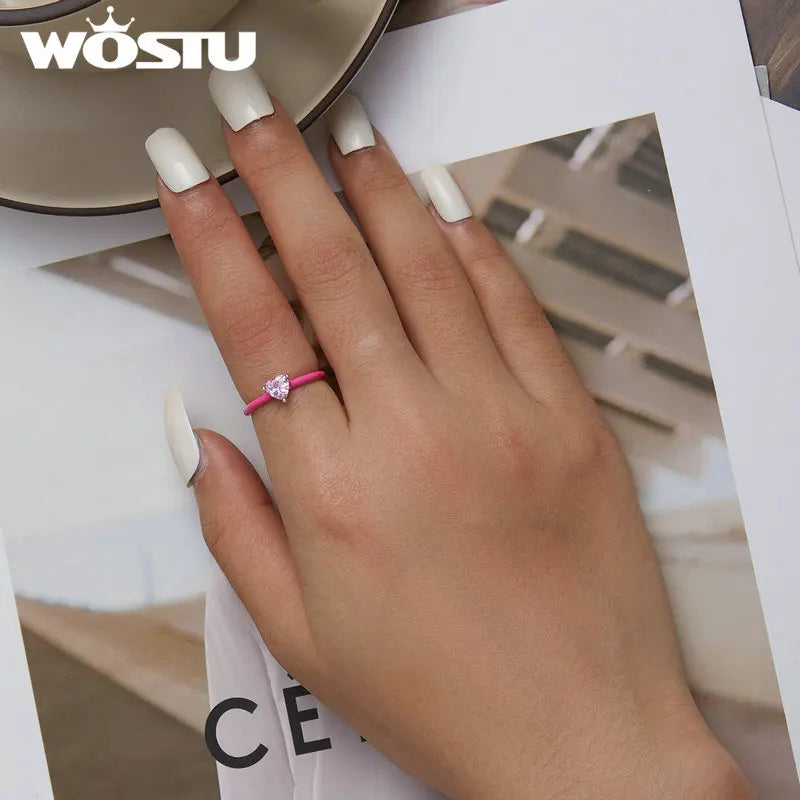 WOSTU 100% 925 Sterling Silver Trendy Pink Heart Zircon Size Rings For Women Fine Blue Zirconium Rings S925 Exquisite Jewelry