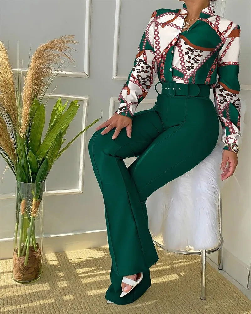 Europe and America Cross border Leisure Set Printed Standing Neck Long sleeved Shirt Top Wide Leg Pants Two Piece Set