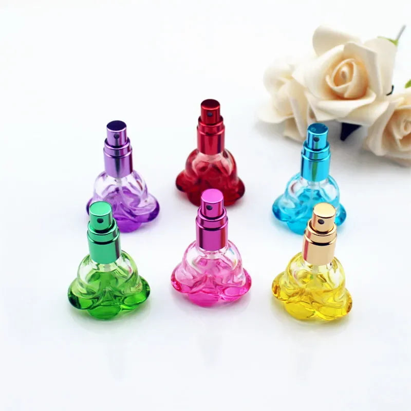 1PC 6ml Colorful Rose Shaped Empty Glass Perfume Bottle Small Sample Portable Parfume Refillable Scent Sprayer Bottles