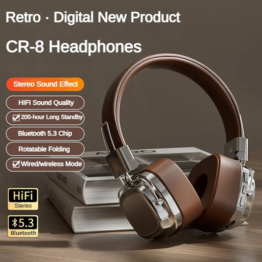 2024 New CR-8 Classic Over Ear Headsets Studio Dj Stereo Bluetooth5.3 Wireless Retro Headphones Touch Control Type C Earphones