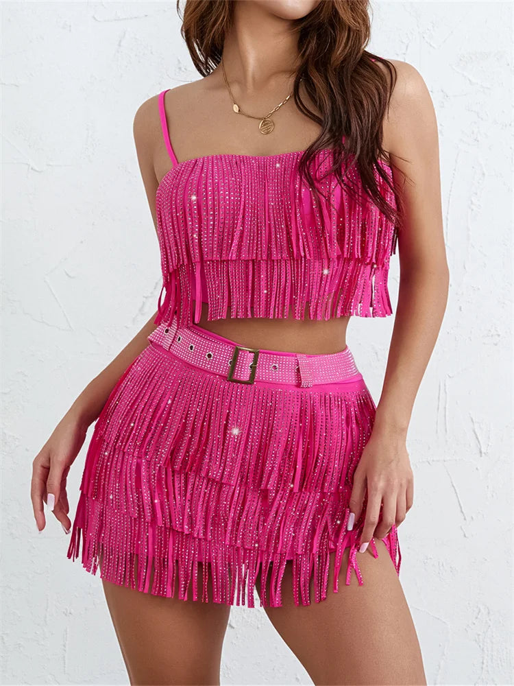 Two Piece Sets Women Summer Punk Club Sexy Skirt Sets Sleeveless Sequin Tassel Camis Top + Mini Skirts with Belt Female 2Pcs Set