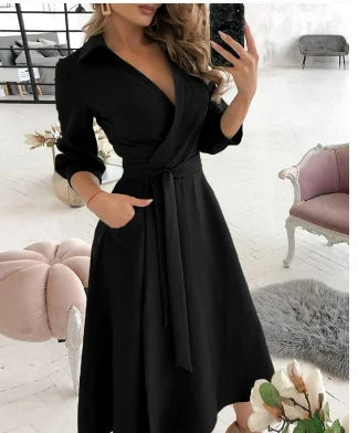 Women Dress Spring And Summer New Fashion Three Quarter  Sleeve V-Neck Printed Women's Dress With Waist Tie Up Polo Long Dress