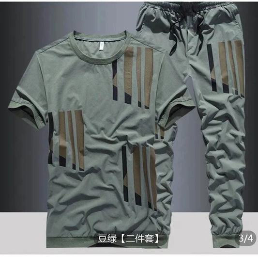 20234Summer New Ice Silk Suit Male Summer Youth Fashion Brand Short Sleeve T-Shirt Male Loose Pants Casual Sportswear Male