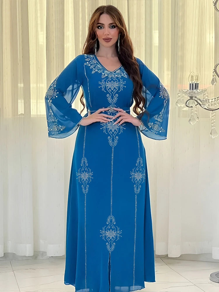 Eid Jalabiya Muslim Abaya Party Dress for Women Arab Diamond Lace-up Abayas Long Dresses Robe Woman Elegant Ramadan Vestidos