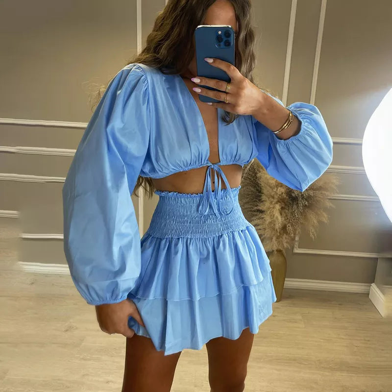 Fandy Lokar V Neck Short Tops Suits Women Fashion Lace Up Solid Suit Women Elegant Ruffle Mini Skirts Suits Female Ladies