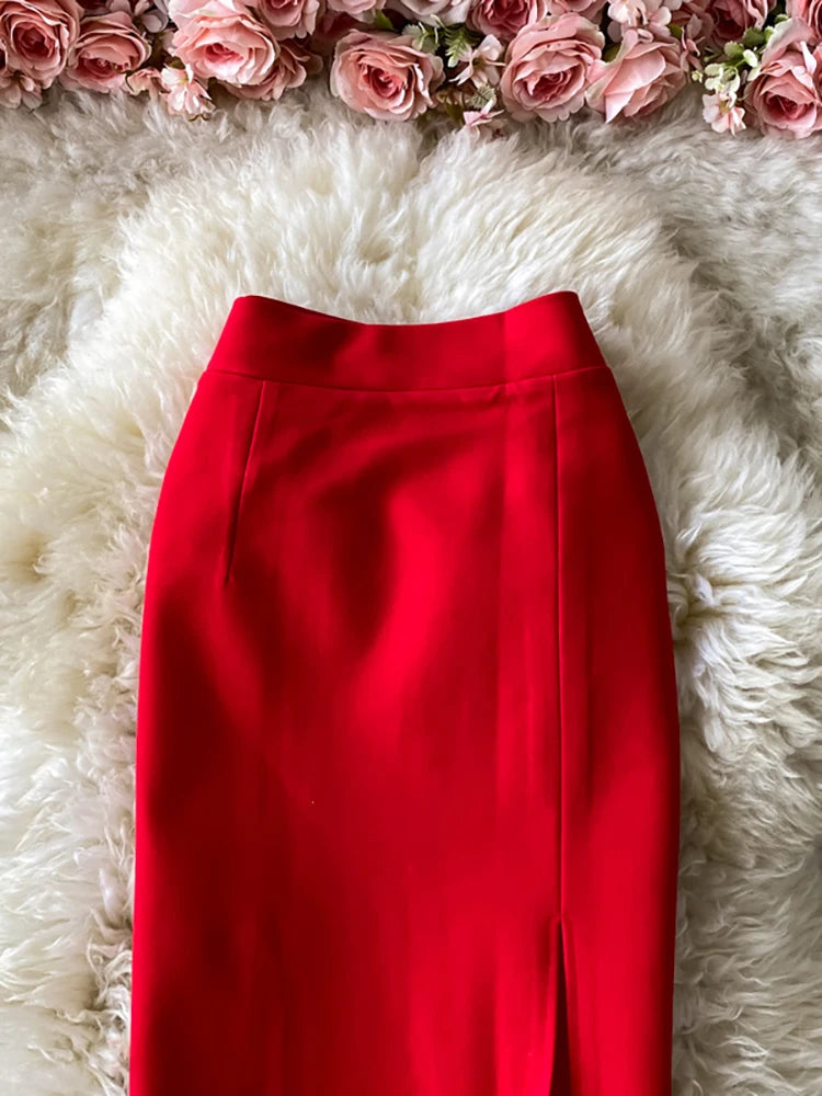 Office Lady Red/Black Pencil Skirt Women Elegant High Waist Split Faldas Female Casual Slim Bodycon Saias OL Autumn New Fashion