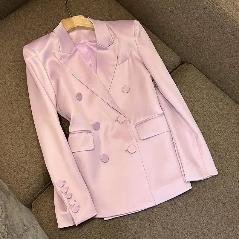 Women Fall Spring Double Breasted Faux Silk Suits Coat OL Satin Blazer Jacket Glossy Cardigan + A-Line Short Skirt Two Piece Set