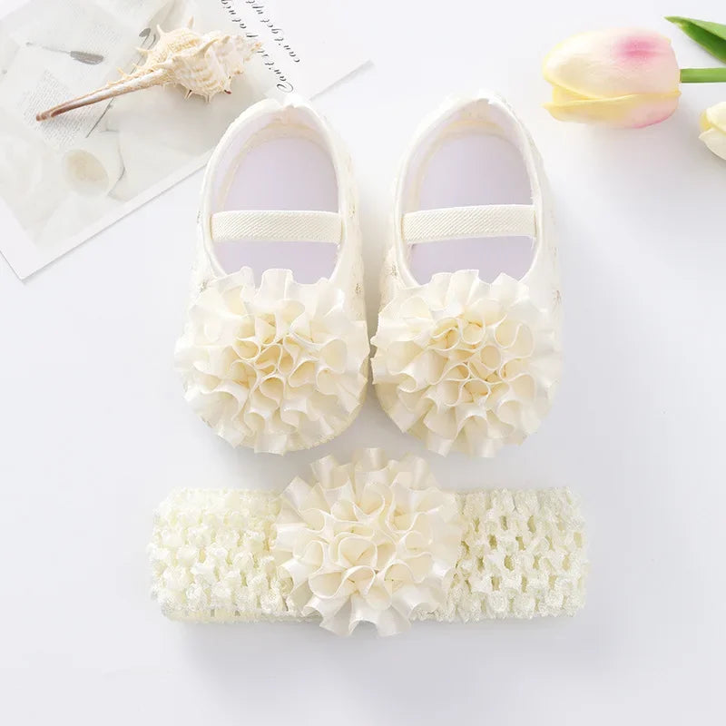 Spring Infant Baby Girl Shoes Newborn Lace Flowers Headband Anti-Slip Soft Sole First Walkers Toddler Kids Cotton Baptism Shoes