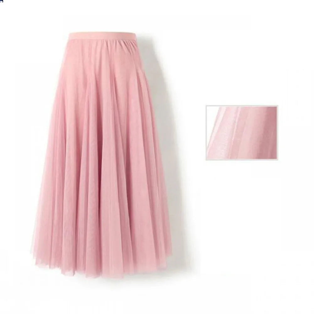 New Women Mesh Elastic Tutu Skirt Beach Spring Summer Korean High Waist Fashion Pleated Long Skirt Black White Tulle Skirts