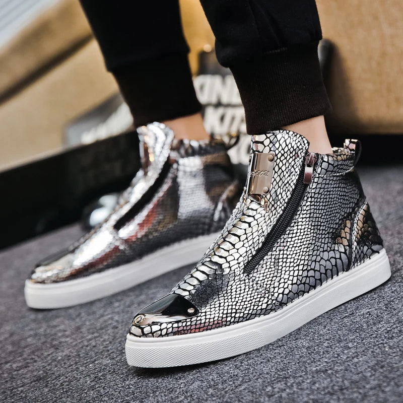 2023 New Luxury Glitter Snake Designer Shoes Men Gold High Top Original Men's Sneakers Fashion Zipper Casual Ankle Boots For Men