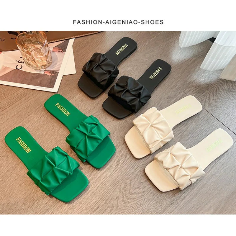 Summer Slippers for Women Flip Flops Flats  New Pleated Korean Slippers Women Sandals Green Slip on Shoes Big Size 35-42