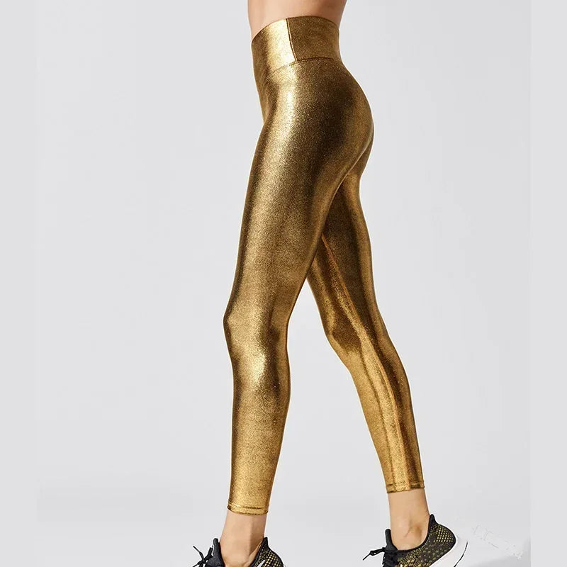 Women's Metallic Luster Yoga Pants Leggings Elastic Waist Sexy Shiny Sports Clothing Fitness Leggings High Waist Gym Sportswear