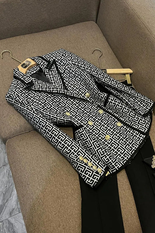 Stylish Western Style Ribbon Edge Classical Black White Geometric Pattern Jacquard Double-breasted Women Blazer