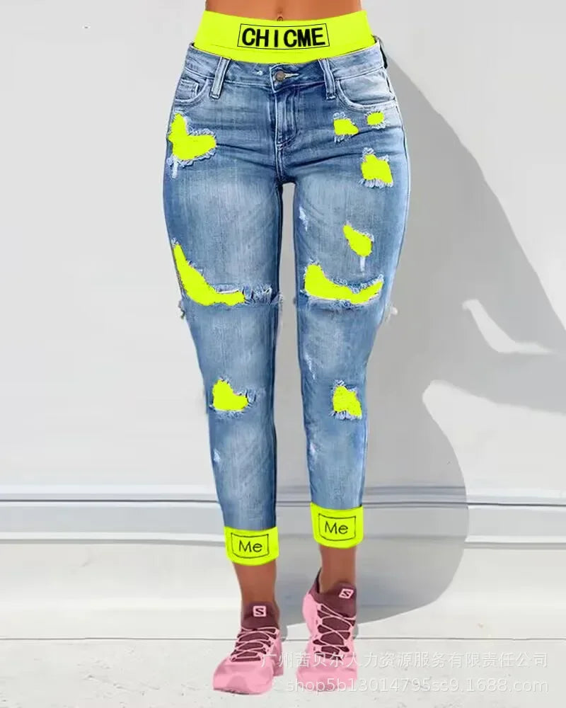 Fake Two-Piece Patchwork Cutout Ripped Jeans Women Ankle Length Fashion Casual High Waist Pencil Pants Denim